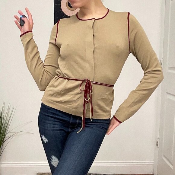 White + Warren Crew Neck Button-Up Cardigan Sweater Tie-Waist Size S Tan - Picture 6 of 15